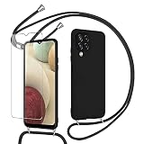 Pnakqil Coque Compatible avec Samsung Galaxy A12 avec Cordon,avec 1 x Verre trempé Protecteur d'écran,Collier pour Étui Colliers de cellulaire Réglable Lanyard Case givré pour Samsung A12,Noir