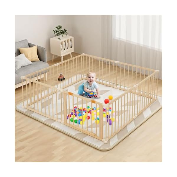 Wooden playpen extra large 7474 foldable baby playpen for babies and toddlers baby play fence baby gate playpen with locking gate changeable expandable baby play yard 8 panel  urban country home decor
