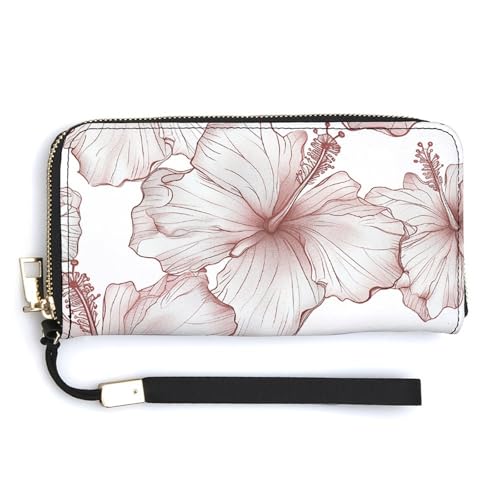 Hibiscus Flower Pattern Wristlet Long Wallet Womens Purse Zip Clutch Large Capacity Leather Purse Credit Coin Purse