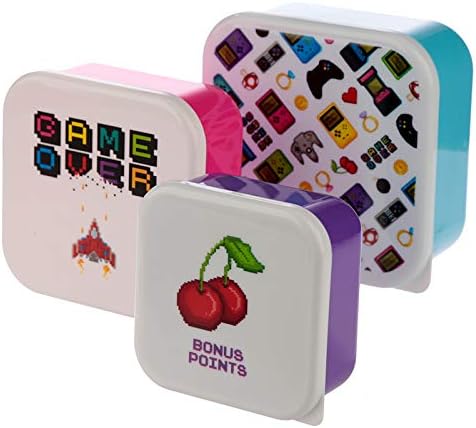 Puckator Game Over Reusable Lidded Snack Pot Lunch Box Set of 3, BPA Free PVC, Work School Travel Home, Large 5.5x11.5x11.5cm Medium 4.5x10x19cm Small 4x8.5x8.5cm
