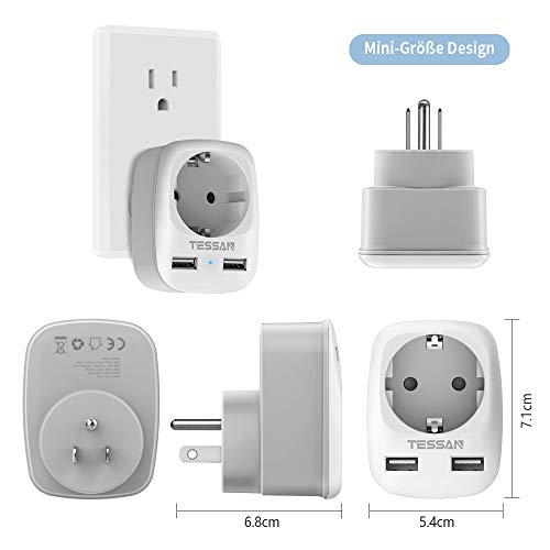 TESSAN Reisadapter USA Adapter Amerika Duitsland Stekker met 2 USB (2,4A), Stekkeradapter Reisstekker Stroomadapter voor Canada Thailand Mexico Muurlaadstation, Reisstekkeradapter USA Stopcontac - Image 7