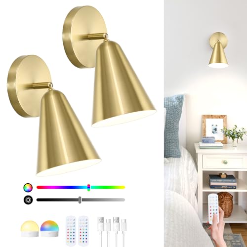 Image of Battery Operated Wall Sconces Set of 2, Gold Rechargeable Wireless with Remote Control, Cordless Battery Led Wall Lights, Dimmable RGB Indoor Wireless Lamp for Bedroom Living Room, 330&180Rotate