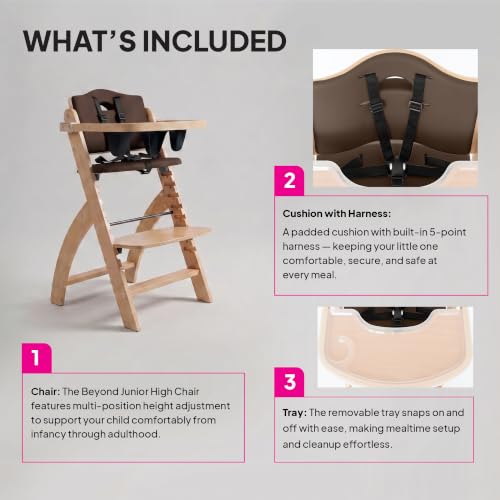 Image of Abiie Beyond Junior Wooden High Chair with Tray - Adjustable and Convertible High Chair for Babies and Toddlers - 6 Months to 250 Lb - Water Resistant - Natural Wood with Shiitake Cushion