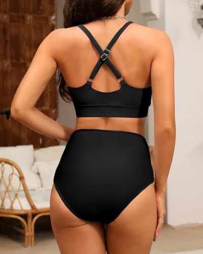 Women's High Waisted Bikini Sets Sporty Scoop Neck Cross Back Bathing Suit Two Piece Swimsuits for Women3
