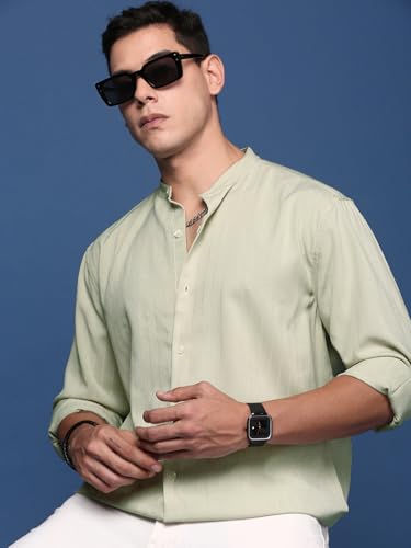 Image of SHOWOFFFF Men Solid Casual Shirt | Mandarin Collar Full Sleeves Cotton Shirt for Mens | Slim Fit Regular Length Shirt for Men's