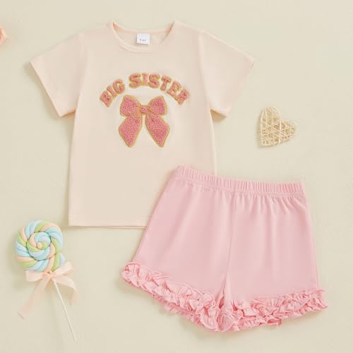 Big Sister Little Sister Matching Outfits Embroidered Bow Little/Big Sister Shirt Ruffle Shorts 18 Month 2T 3T 4T2