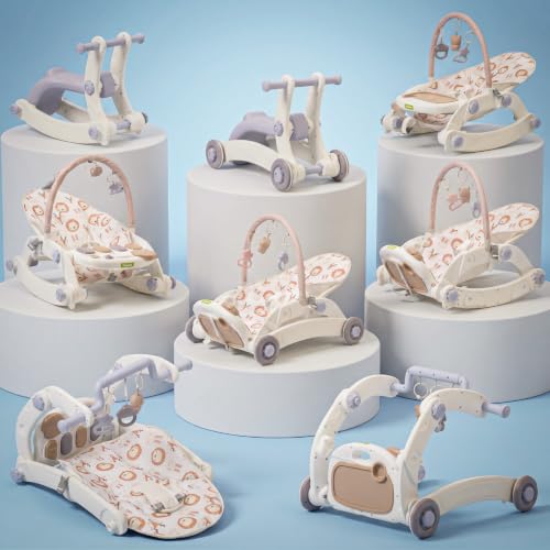 Image of Baybee 8 in 1 Rocker for Babies with Music Toy Bar, Soft Fabric, Food Tray, Tool Free Installation | Multi-Function Push Walker, Ride-On, Play Gym & Rocking Chair | Baby Bouncers & Rockers for 0-3 Years (Purple & White)