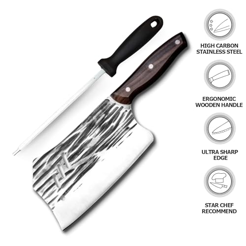 Image of Machado Forging Serbian Chef Knife Set - 12 inch Full Tang High Carbon Clad Steel Butcher Cleaver with Knife Sharpener - Perfect for Vegetables, Fish, Meat - Ideal for Kitchen, Hotel, Restaurant