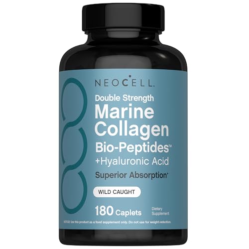 NeoCell Marine Collagen Peptides Supplement | 180 Caplets | with Hyaluronic Acid | Double Strength Formula | Nails, Skin, & Hair
