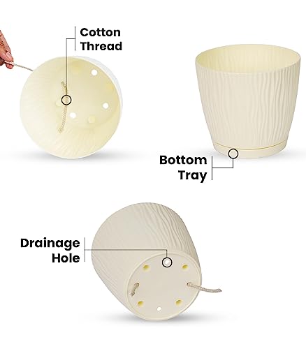 Nurturing Green® Set of 4 Ivory Self Watering Plastic Pots for Plants (5.5 Inch Wide*5 Inch High) with Drainage Holes | Low Maintenance Garden Pots for Plants (Plants & Metal Stand Not Included)