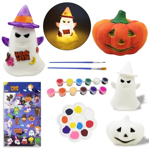 Pinkiwine 2 Pack Halloween Paint Your Own Pumpkin Ghost LED Night Lights Crafts Kit for Kids Boys Girls Halloween Toys Halloween Treat Bags Gifts Party Favors