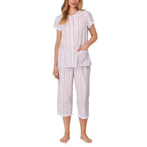 Image of Lanz of Salzburg Women's Cotton Capri Pajama Set, Short Sleeve Button-Front Top & Cropped Pants, Soft & Lightweight Sleepwear