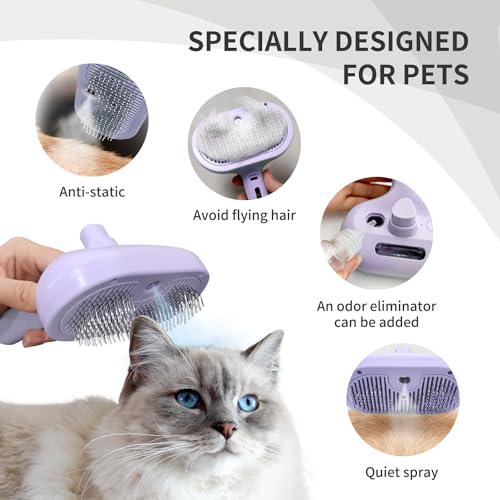 Pecait 3-in-1 Self-Cleaning Brush for Shedding Dogs and Cats - Removes Static, Tangles, and Loose Hair (Purple)
