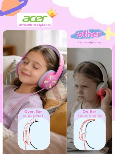 Image of Acer OHW328 Kids Headphones Wired for School - Over Ear Design | 85 /94dB Safe Volume Limit, 3.5mm Jack Foldable Headphones for Kids Boys Girls Classroom Yoto Player Chromebook Travel Pink