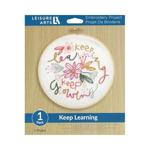 Image of LEISURE ARTS Embroidery Kit 6 inch Keep Learning - Embroidery Kit for Beginners and Adults, Cross Stitch Kits with Patterns, DIY Starter Set for Seasonal Craft Projects