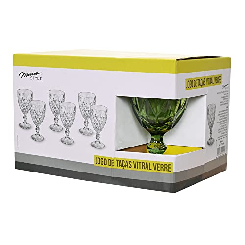 Mimo Style Jogo de 6 Taças de Vidro Verde Vitral com Capacidade de 240ml com Alto Relevo e Aparencia