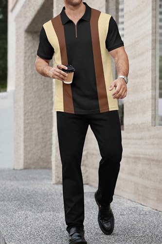 Image of Avix Men's Vertical Striped Polo Shirt with Half Zipper, Short Sleeve Collared T-Shirt Color Block Design