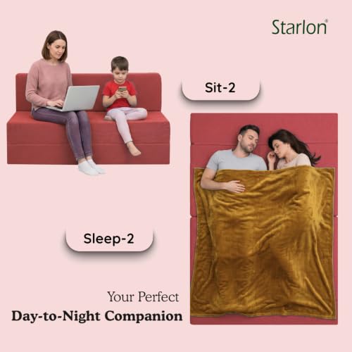 Image of Starlon 3 Seater Foldable Sofa Cum Bed 3-in-1 with 2 Geometrical Pattern Pillows, Washable Jute Fabric Cover, Space Saving Guest Bed, Pre-Assembled Royal Maroon 5x6 Ft