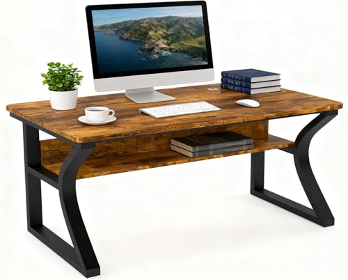 Image of 55 inch Computer Desk, Home Office Desk with Storage Shelf, Sturdy U-Shaped Metal Frame Study Table with Cable Management, Gaming Desk for Office & Bedroom