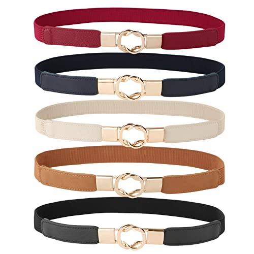 JASGOOD Women Retro Fashion Elastic Belt Stretchy Skinny Waist Belt for Dress Jeans Pants with Metal Gold Buckle