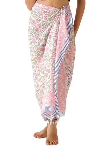 AUZURE 100% Cotton Hand Block Print Sarong Cover Up for Women (73” x 43”)