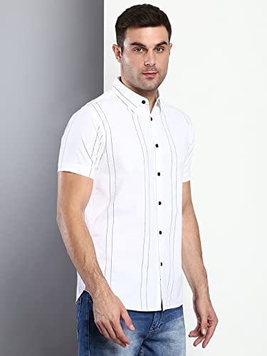 Image of Dennis Lingo Men's Striped Slim Fit Cotton Casual Shirt with Spread Collar & Half Sleeves