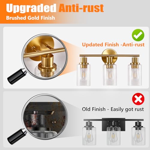 Image of DLLT 3-Light Bathroom Light Fixtures: Gold Modern Vanity Wall Lights with E26 Bulbs - Bubbled Glass Shade Bathroom Wall Lamp for Mirror Kitchen Living Room Hallway Cabinet Porch