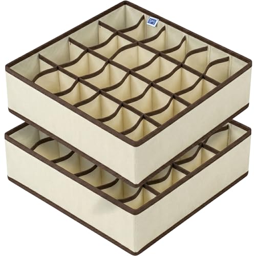 Skrill 24-Compartment - Set of 2 | Non-Woven Foldable Cloth Storage Box Set Underwear, Socks, Ties, Scarves, Bras, Drawer Organization | Space Saving Divider Organizer Closet Storage | Beige
