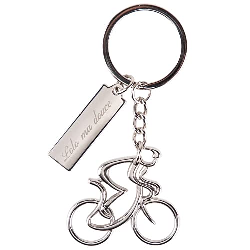 Porte Clef gravé Texte avec Cycliste - Porte-clés argenté en métal avec Cycliste et Texte à Graver sur Plaque - Accessoire clé Personnalisable vélo Cover