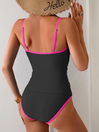 Image of Eomenie Women's Tankini Swimsuits Two Piece Tummy Control Bathing Suit Color Block Slim Swimwear with High Waisted Bottom
