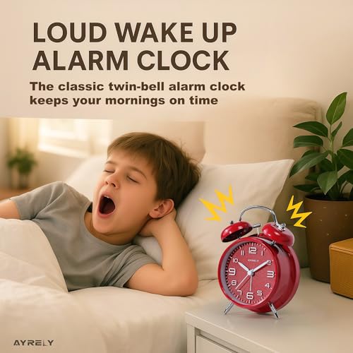 Image of AYRELY Super Loud Alarm Clock for Heavy Sleepers Adults,Twin Bell Retro 4 Inch Silent Non-Ticking Quartz with Backlight, Metal dial, Alarm Clocks for Bedrooms Bedside(3D Dial - Red)