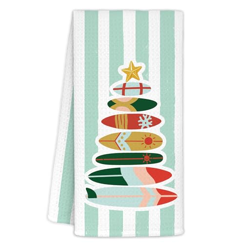 Yhtrg Coastal Surfboard Christmas Tree Kitchen Towels 16x24 Inch, Gifts for Surfers, Christmas Beach Hand Towels for Bathroom Decorative, Nautical Xmas Dish Tea Towel for Kitchen Decor