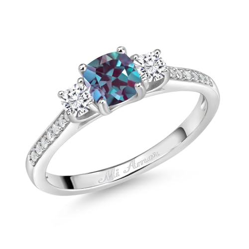 Gem Stone King 925 Sterling Silver Customized and Personalized 5MM and 3MM Cushion Cut Gemstone Birthstone and White Moissanite 3 Stone Name Engraved Engagement Ring For Women