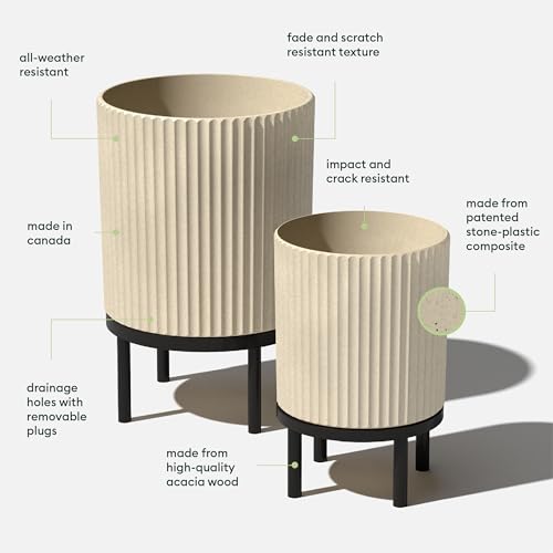Image of Veradek Demi Series Raised Duo Planters - Set of 2 Planters with Stands | Made From a Durable Plastic-Stone Composite & Comes With Wooden Stand. Modern Porch /Patio Decor
