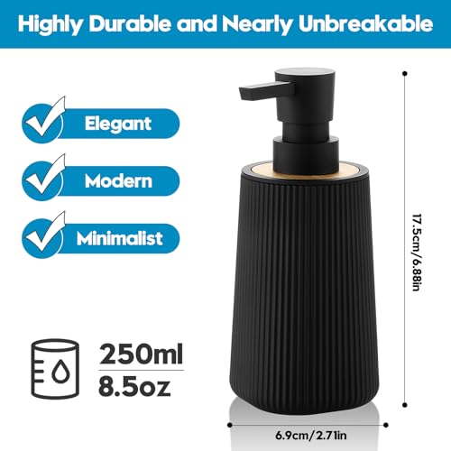 Image of Small Soap Dispenser for Bathroom and Kitchen, Modern Farmhouse Striped Style Plastic Hand Soap Dish Soap Dispenser with Bamboo Decor Black