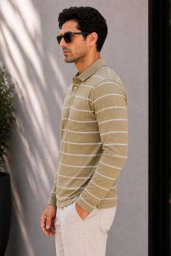 Image of SANE ORIGINALS Full Sleeves Polo Collar Tshirt for Men with Pocket || Stripe Collar and Pocket Tshirt for Men Long Sleeves Navy Blue