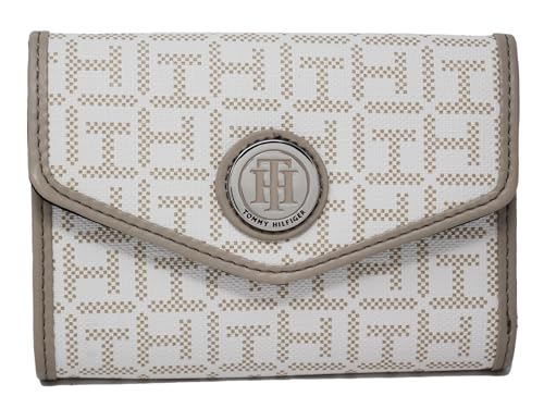 Tommy Hilfiger Bolsa clutch feminina pequena com estampa de logotipo em lona revestida, Branco, One Size, Carteira