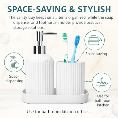 Image of 3PCS Set Bathroom Soap Dispenser Set with Toothbrush Holder and Vanity Tray Unbreakable (White)