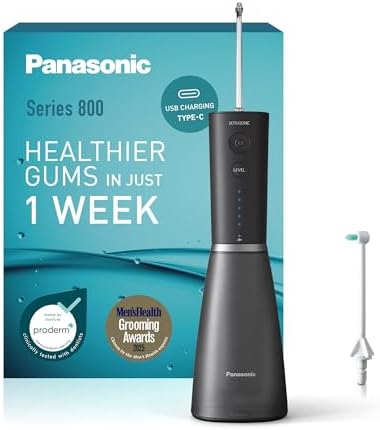 Panasonic Series 800 Ultraschall-Munddusche EW-DJ86-K503, Zahndusche, Munddusche kabellos, 200 ml, 1 Ultraschall- & 1 kieferorthopädische Düse, 5 Wasserdruckstufen, Reisezubehör, USB-C-Ladung,Schwarz
