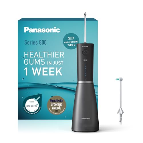 Panasonic Series 800 Ultraschall-Munddusche EW-DJ86-K503, Zahndusche, Munddusche kabellos, 200 ml, 1 Ultraschall- & 1 kieferorthopädische Düse, 5 Wasserdruckstufen, Reisezubehör, USB-C-Ladung,Schwarz