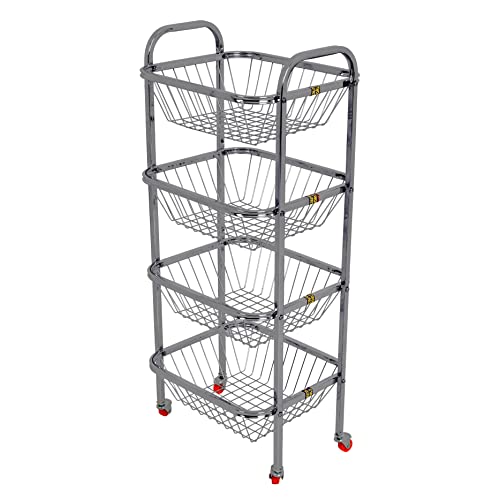 Image of Stainless steel kitchen Vegetable Basket Storage Trolley with 4 Wheel | Fruit Basket | Vegetable Basket | Onion Potato Rack for Kitchen | Vegetable Stand for Kitchen (34x14x12 10 MM)