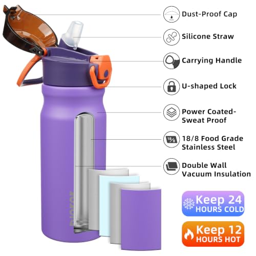 Image of BJPKPK 18 oz Water Bottle with Straw & Handle, Insulated Stainless Flask | Leak Proof Locking Lid, Thermal, Double Wall Vacuum, Keeps Hot /Cold, BPA Free, Dishwasher Safe, Travel & Sports, Purple