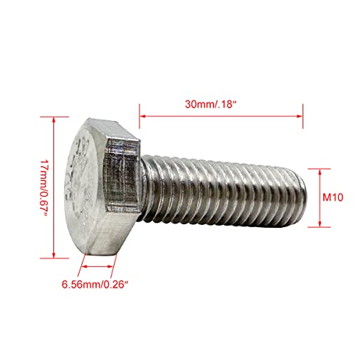 Image of M10 Hex Bolt, M10-1.5 x 30mm Hex Head Screw Bolts, 304 Stainless Steel, Fully Threaded, Plain Finish, Hex Tap Bolts 10Pcs (M10x30mm)