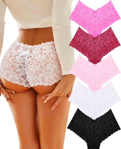 Image of ALL OF SHE Sexy Underwear Panties for Women Cheeky V Waist Lace Boyshorts Lingerie Plus Size Underwear Gift Wife Women 5 Pack