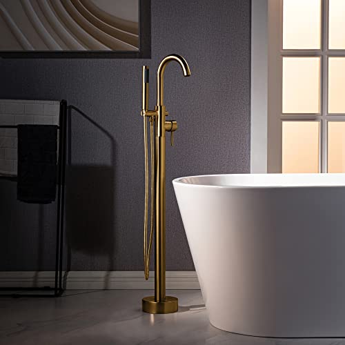 WOODBRIDGEE High Flow Rate 8 GPM Freestanding Tub Filler Faucet with Hand Shower in (Brushed Gold...