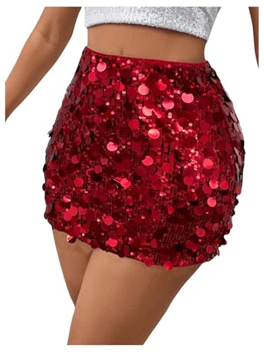 Lista de Faldas que puedes comprar esta semana. 50 CIUBOUWENLING Minifalda de Fiesta con Lentejuelas, Cintura Alta, Ajustada, Negro y Plateado (MX/US, Alfa, X-Chico, Regular, Regular, Rojo)