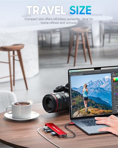 Image of Hiearcool USB C Hub, USB-C to HDMI Multi-Port Adapter for MacBook Pro /Air, 7-in-1 USBC Dongle with 4K HDMI 100W Power Delivery SD /TF Card Reader Type-C Dock for Dell HP Lenovo Laptops-Dark Red