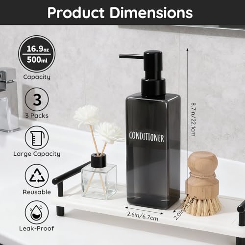 Image of Segbeauty 16.9oz Black Large Plastic Soap Dispenser Bathroom, 3pcs Large Capacity Refillable Shampoo and Conditioner Dispenser, 500ml Body Lotion Bottle, Pre-printed Square Empty Gel Cream Pump Bottle