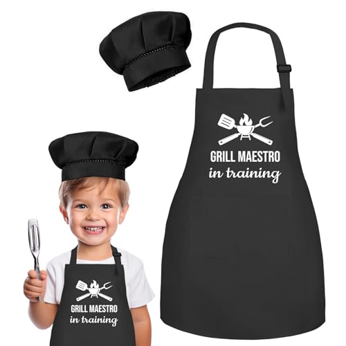OUUKHGY Kids Apron and Chef Hat Set, Grill Maestro in Training Funny Child Apron with 2 Pockets for Boys Girls