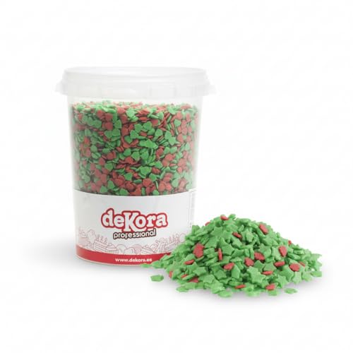 dekora – Confeti de azúcar Árbol de Navidad verde y rojo 1 kg, sprinkles comestibles para tartas, galletas, cupcakes y postres navideños, sin gluten y sin lactosa